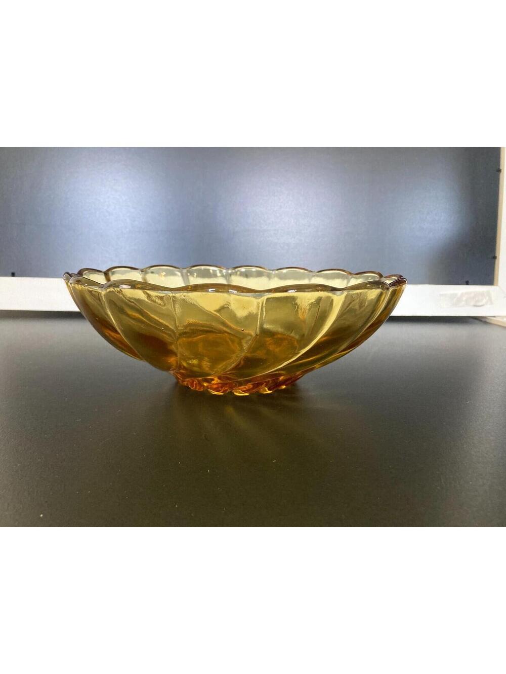 Vintage Hazel-Atlas Optic Colonial Swirl Seashell Amber Serving Fruit Bowl